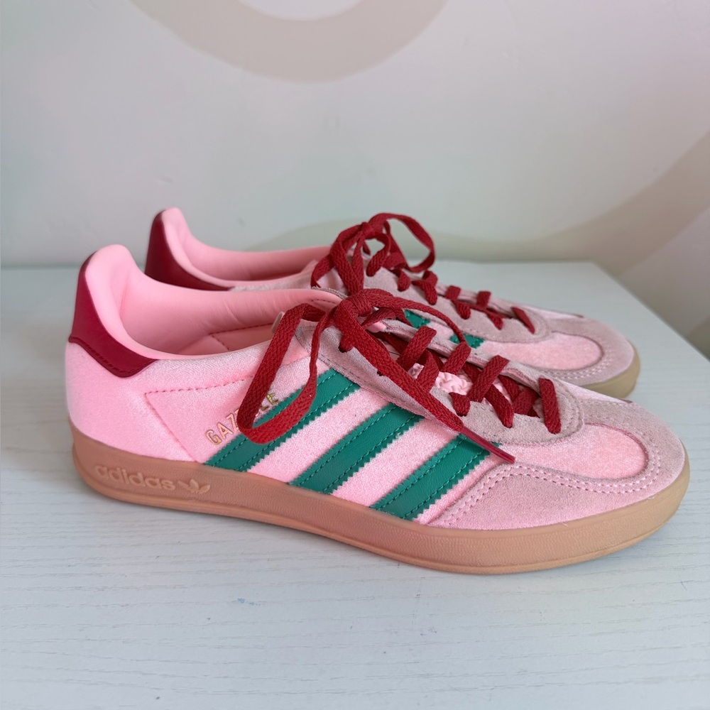 Adidas Pink Sneakers with Green Stripes